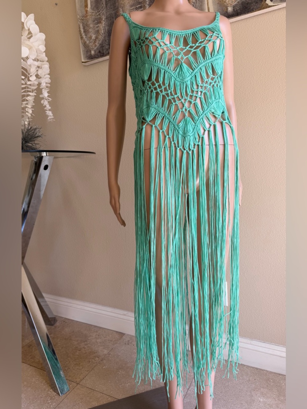 Handmade Crochet Fringe Maxi Dress - Aqua Green
